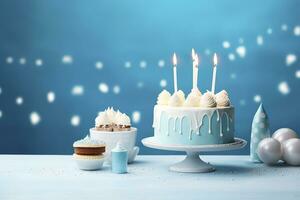 compleanno torta con candele e dolci su bianca tavolo vicino blu parete. generativo ai foto