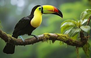 castagno mandibolato tucano seduta su il ramo nel tropicale pioggia con un' verde giungla. generativo ai foto