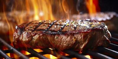 Manzo ribeye bistecca grigliate su un' fiammeggiante griglia. generativo ai foto