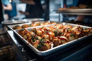 giapponese cibo - takoyaki nel carta vassoio nel occupato strada cibo mercato ai generativo foto