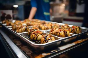 giapponese cibo - takoyaki nel carta vassoio nel occupato strada cibo mercato ai generativo foto