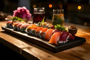 giapponese cibo - Sushi nel di legno piatto nel tradizionale Sushi bar ai generativo foto