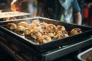 giapponese cibo - takoyaki nel carta vassoio nel occupato strada cibo mercato ai generativo foto