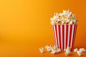 Popcorn nel a strisce carta tazza con colore sfondo per copyspace ai generativo foto