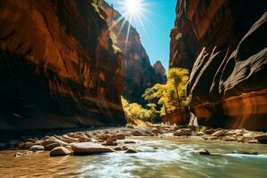 fiume fra roccia scogliere - Sion nazionale parco nel Utah nel screziata luce del sole ai generativo foto