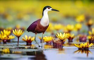 colorato africano trampoliere con lungo dita dei piedi Il prossimo per viola acqua giglio nel acqua. generativo ai foto