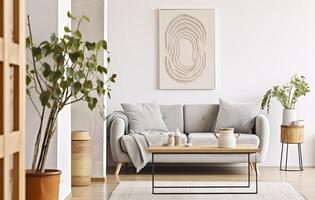 boho Aperto spazio interno nel un' accogliente appartamento con un' design. generativo ai foto