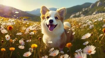 affascinante corgi cane con fiori nel il primavera. generativo ai foto