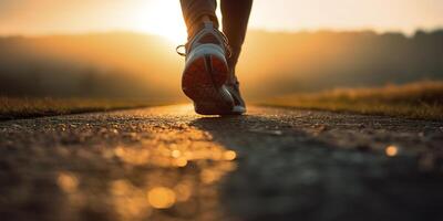 vicino su su il scarpa, corridore atleta piedi in esecuzione su il strada sotto luce del sole nel il mattina. ai generativo foto