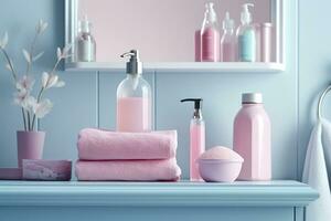 un' pastello bagno mensola con rosa cura della pelle prodotti, copia spazio, striscione, rosa e pastello blu luminosa tavolozza, barbiecore. ai generativo foto