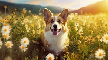 affascinante corgi cane con fiori nel il primavera. generativo ai foto