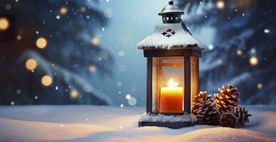 Natale lanterna su neve con abete ramo nel sera scena. generativo ai foto