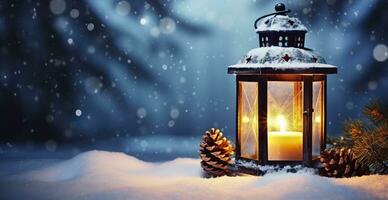 Natale lanterna su neve con abete ramo nel sera scena. generativo ai foto