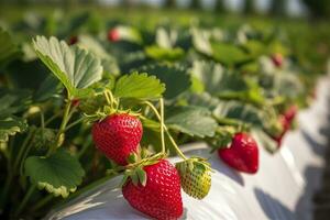 cespuglio di maturo biologico fragole nel il giardino. bacca avvicinamento. generativo ai foto