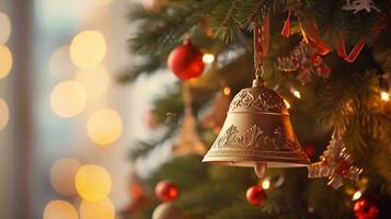 d'oro campana decorato su Natale albero, Natale. ai generato. foto