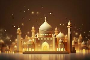 illustrazione di eid mubarak notte con leggero di un' lampada, carta stile, lusso contento eid sfondo, ai generativo foto