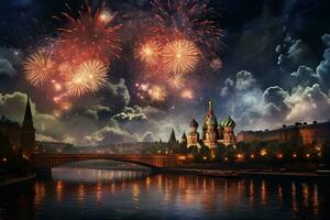 fuochi d'artificio al di sopra di il Mosca Cremlino e st. di basilico Cattedrale, Russia, Mosca fuochi d'artificio, ai generato foto