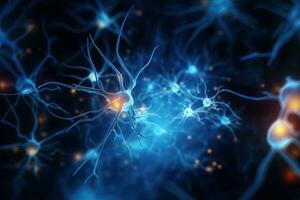 concettuale Immagine di neuroni e nervoso sistema. 3d rendering, neuroni e nervoso sistema. nervo cellule sfondo con copia spazio, ai generato foto