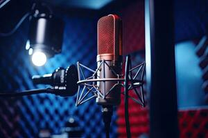 microfono nel un' registrazione studio, avvicinamento. musica concetto, moderno professionale microfono nel registrazione studio, ai generato foto