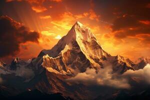 bellissimo tramonto nel il Himalaya, Nepal. 3d rendering, montagna paesaggio a tramonto nel Himalaya, Nepal, Asia, ai generato foto