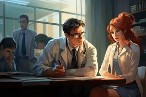 medico e paziente discutere qualcosa mentre seduta a il tavolo nel il ufficio, medico studenti ascoltando seduta a scrivania, ai generato foto