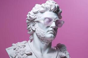 il testa di un' bianca mitologico statua con alla moda rosa bicchieri su il suo occhi, telaio nel profilo. ai generativo foto