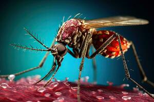 zanzara su rosso sangue cellula avvicinamento. 3d rendering, microscopico Immagine di un' zanzara, ai generato foto