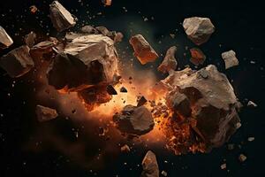 pietra esplosione su nero sfondo. 3d resa. elementi di Questo Immagine siamo arredato di NASA, meteorite esplosioni, frammenti e pezzi di pietre, ai generato foto
