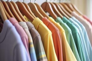 colorato Abiti su un' capi di abbigliamento cremagliera, pastello colorato guardaroba nel un' shopping memorizzare o Camera da letto, arcobaleno colore Abiti scelta su grucce, casa armadio concetto Immagine. ai generativo foto