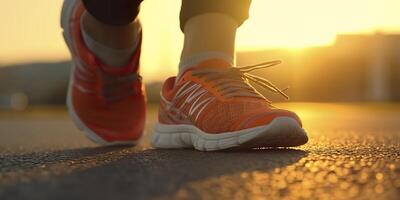 vicino su su il scarpa, corridore atleta piedi in esecuzione su il strada sotto luce del sole nel il mattina. ai generativo foto