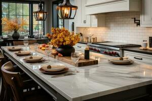 bianca moderno cucina decorato per autunno ai generato foto
