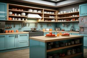 moderno cucina decorato legna e blu tema ai generato foto