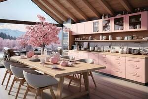 moderno cucina decorato legna e rosa tema ai generato foto