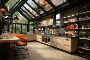 moderno cucina decorato legna e arancia tema ai generato foto