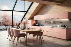 moderno cucina decorato legna e rosa tema ai generato foto
