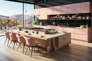moderno cucina decorato legna e rosa tema ai generato foto