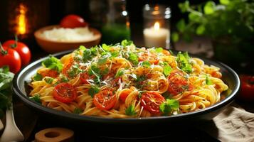 salutare vegetariano pasta pasto con fresco pomodoro e erba salsa ai generativo foto