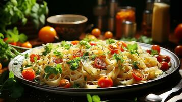 salutare vegetariano pasta pasto con fresco pomodoro e erba salsa ai generativo foto