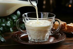 fotografie di scrosciante latte in il caffè tazza nel interno foto studio ai generato