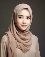 bellissimo asiatico ragazza indossare lungo hijab in piedi nel pianura sfondo ai generativo foto