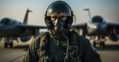 pronto per il cieli - combattente pilota a campo di aviazione indossare maschera e casco. generativo ai foto