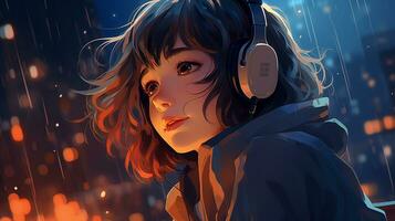 cartone animato lofi giovane manga stile ragazza mentre ascoltando per musica nel il pioggia ai generativo foto