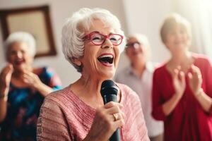 anziano donna cantare karaoke con sua amico . ai generativo foto