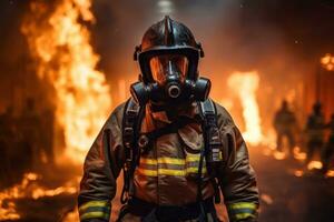 pompiere utilizzando acqua e estintore per combattente con fuoco fiamma nel un emergenza, generativo ai foto