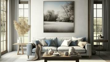 immagine perfetta comfort - moderno accogliente vivente camera con un' immagine su il parete. confortevole divano e rilassato atmosfera. generativo ai foto