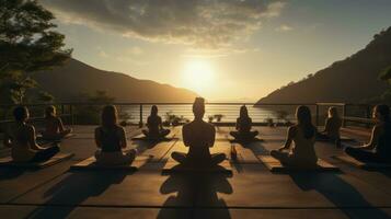 yoga in mezzo della natura distesa. equilibratura corpo e spirito nel tranquillo, calmo ritiri. generativo ai foto