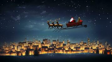 Santa Claus seduta su renna slitta. volante al di sopra di un' città orizzonte a notte con stelle nel il sfondo foto