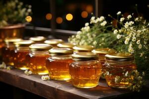 vaso pieno con miele su di legno tavolo ai generato foto