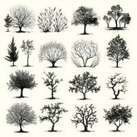 impostato di alberi sagome isolato su bianca sfondo generativo ai. foto