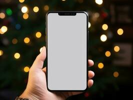 ai generato ai generazione. mano Tenere smartphone con vuoto schermo su bokeh a partire dal Natale albero foto